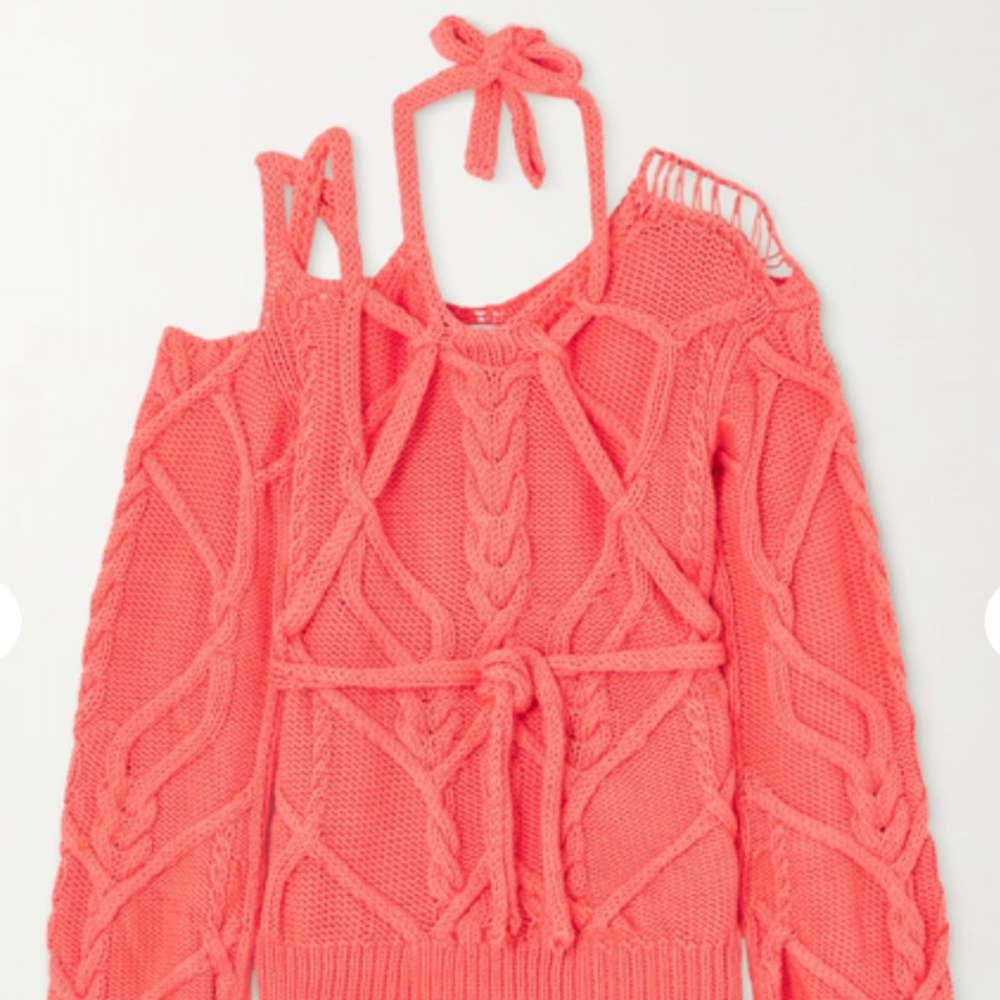 DRIES VAN NOTEN Distressed Cable-Knit Cotton Sweater - Coral - Size Small